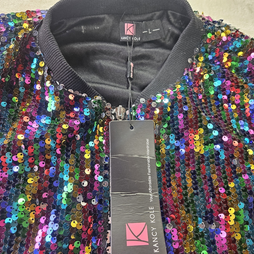KANCY KOLE Womens Sequin Bomber Jacket Rainbow Zip Front Party Blazer Size L - Picture 5 of 8